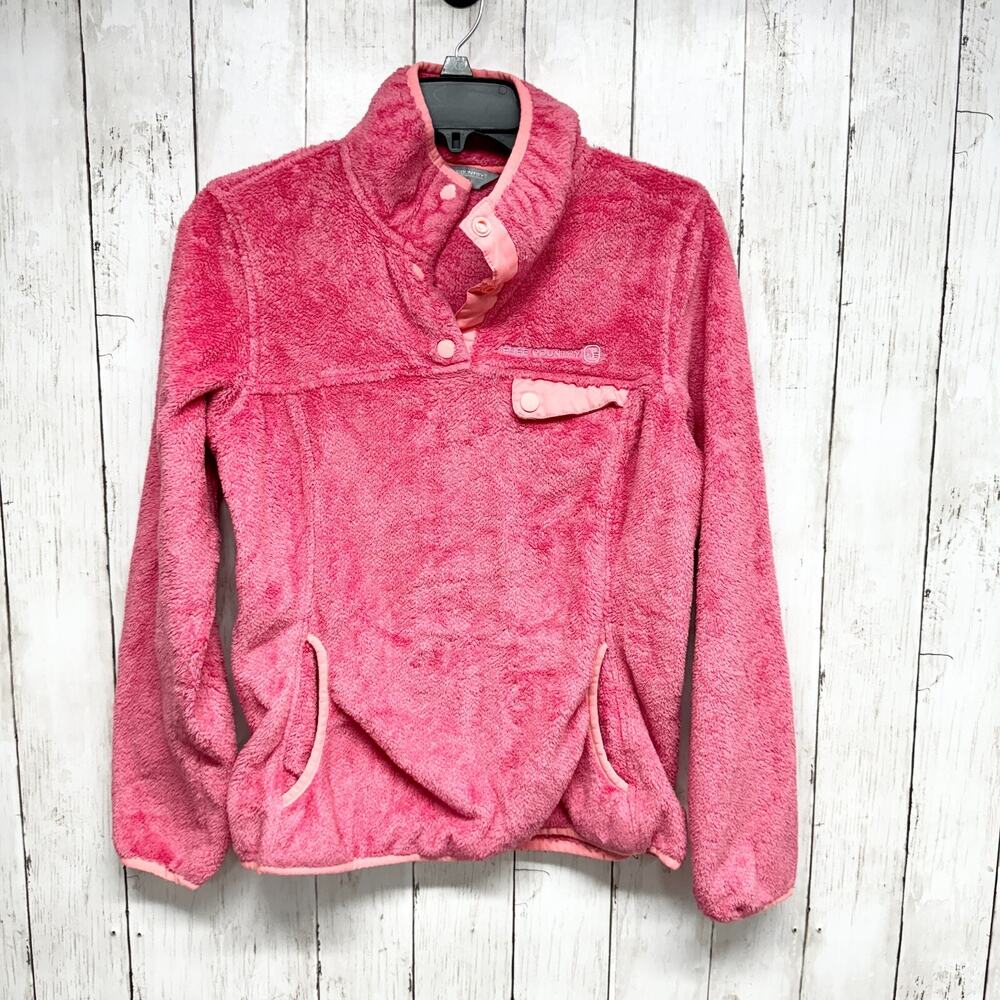 Free Country Pullover Women Small Pink‎ Collared Button Fleece Kangaroo Pocket
